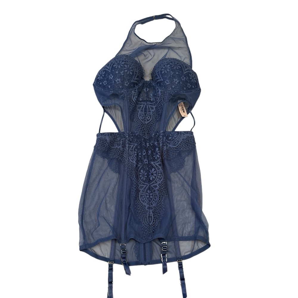 🆕 Victoria’s Secret 34B sexy blue lace lingerie bustier nightie